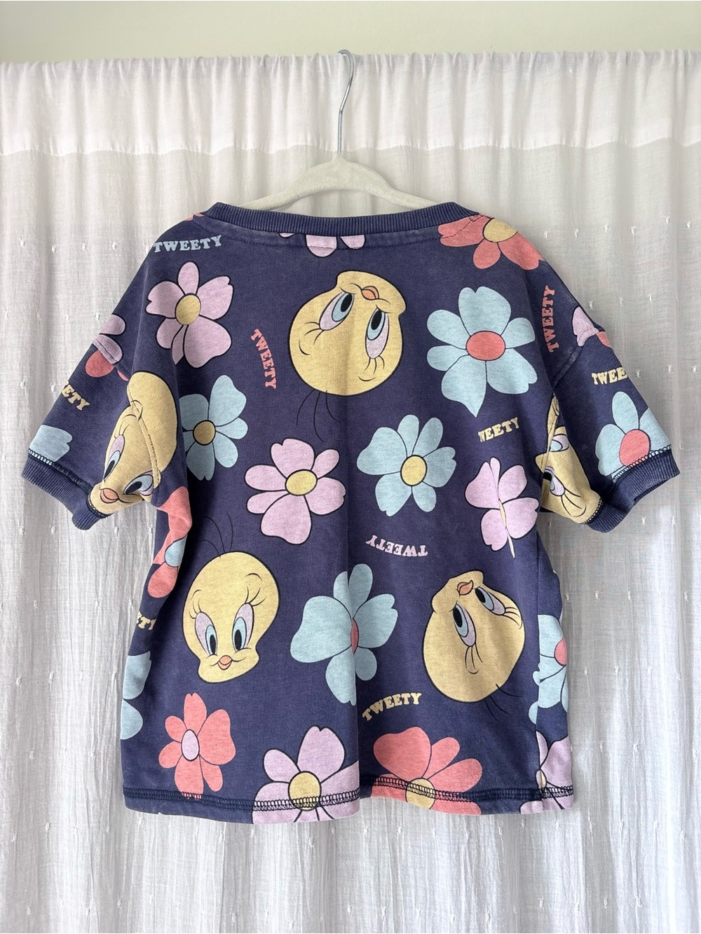 Warner Bros. Tweety Floral Short Sleeve Sweatshirt - Navy with Pastel Flowers - Picture 2 of 3